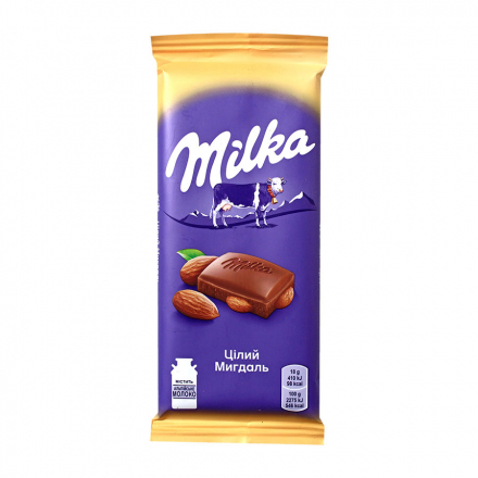 Шоколад 90г Мilka молочний з цілим мигдалем
